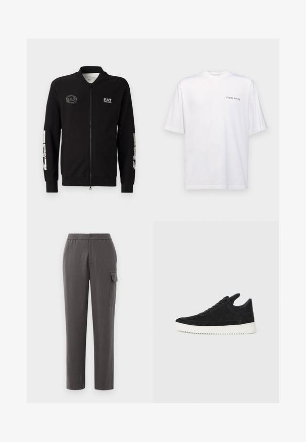 Casaco preto com fecho éclair, feito de um tecido suave. Apresenta um colarinho alto, punhos canelados e ousados detalhes gráficos brancos nas mangas e no peito.; T-shirt branca de manga curta em algodão com decote em V, apresentando um logótipo preto "FILLING PIECES" impresso do lado esquerdo.; Calças cinzas com um ajuste descontraído, feitas de um tecido suave. Apresentam um fecho de botão, bolsos laterais e um bolso de carga na perna.; Sapatilha de camurça preta com sola de borracha branca, apresentando costuras tonais e um design com atacadores. Textura suave com uma forma moderna e simplificada.