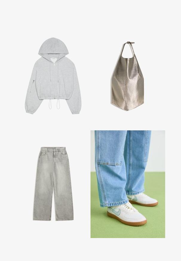Gray cropped hoodie with a front zipper, drawstring at the hem, large hood, and zippered pocket on the left sleeve. Soft fabric texture.; Metallic gray apron with a smooth texture, featuring a circular neck opening and a flat bottom edge. Simple design with adjustable strap.; Light gray wide-leg jeans with a high waist, five pockets, zipper fly, and subtle fading. Made from denim with a smooth texture.; White sneakers with light blue accents, textured mesh upper, and tan rubber sole, paired with loose light blue denim jeans.
