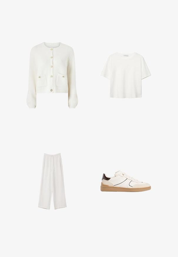 Cardigan bianco e morbido a maglia con collo rotondo, bottoni sul davanti e due tasche a toppa. Presenta polsini e orlo a costine.; T-shirt bianco a maniche corte realizzato in cotone. Presenta un collo tondo e una vestibilità rilassata. Texture liscia senza motivi o dettagli visibili.; Pantaloni a gamba larga bianchi realizzati in un tessuto leggero. Presentano una vita elastica con cordoncino e tasche laterali. Texture liscia.; Stradivarius Sneakers basse - white