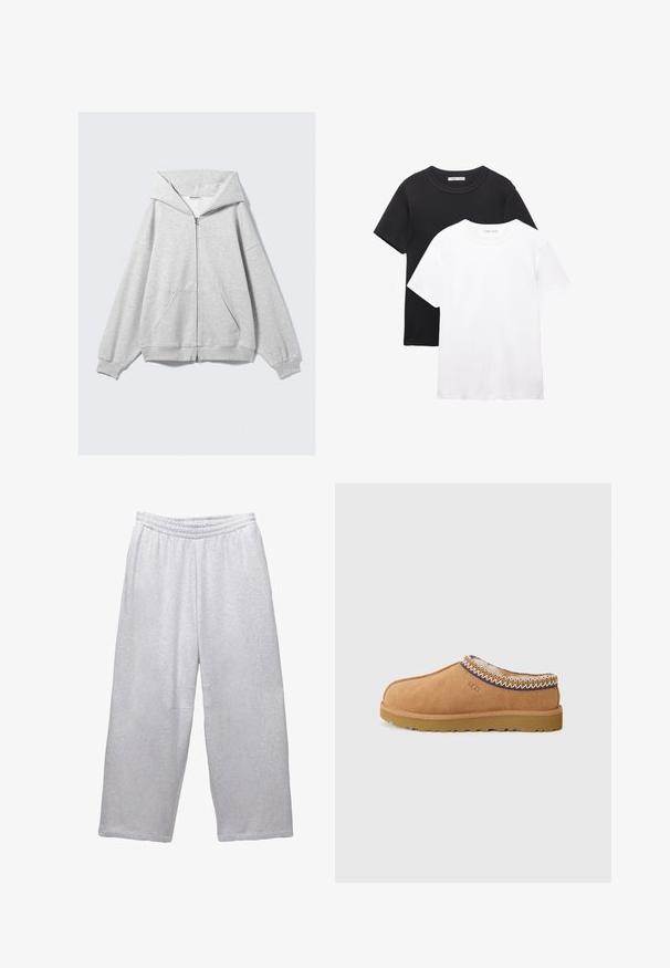 Grå zip-up hoodie, lavet af blød stof, har en stor hætte, lange ærmer og frontlommer. Løs pasform med ribbe iærmer og kant.; To tophåndtag t-shirts med rund hals, en sort og en hvid. Lavet af blødt bomuld, med korte ærmer og et simpelt, klassisk design.; Lysegrå brede sweatpants med elastisk talje og stikninger på en hvid baggrund.; Tan ruskinds slip-on sko med et tekstureret uldfor og dekorativ etnisk-inspireret stitching rundt om kraven. Har gummisål.