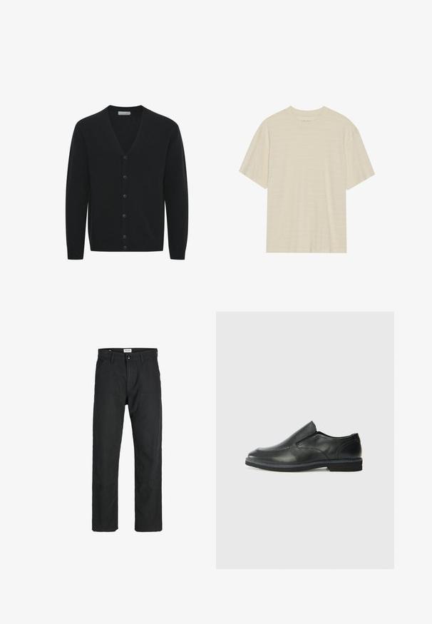 Cárdigan negro en suave tejido de punto, con escote en V, mangas largas y seis botones en la parte frontal. Puños y dobladillo acanalados.; Camiseta de manga corta color crema con una sutil textura a rayas y cuello redondo, confeccionada en una tela ligera.; Pantalones negros de tela duradera, con un diseño de pierna recta, detalles cosidos y dos bolsillos frontales para mayor funcionalidad.; Zapato negro de cuero sin cordones con un upper suave, detalles de costura, punta redonda y un bajo tacón de goma. La suela presenta una tracción mínima.