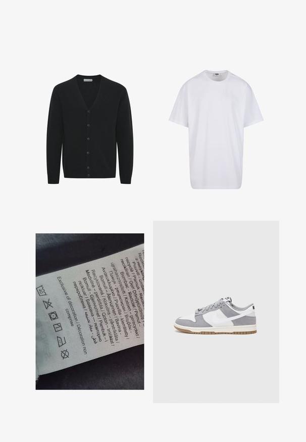 Černý kardigan z měkké pleteniny, se výstřihem do V, dlouhými rukávy a šesti předními knoflíky. Hladké manžety a spodní lem.; Bílé triko z bavlny s krátkým rukávem, kulatým výstřihem, volným střihem a bez viditelných log či vzorů. Hladká textura a minimalistický design.; Štítek s vícejazyčným textem, symboly péče a ikonami recyklace, vytištěný na měkkém materiálu připomínajícím látku ve světlé barvě.; Tenisky Nike mají šedý semišový a bílý kožený svršek s perforacemi, kulaté tkaničky a gumovou podrážku pro lepší trakci.
