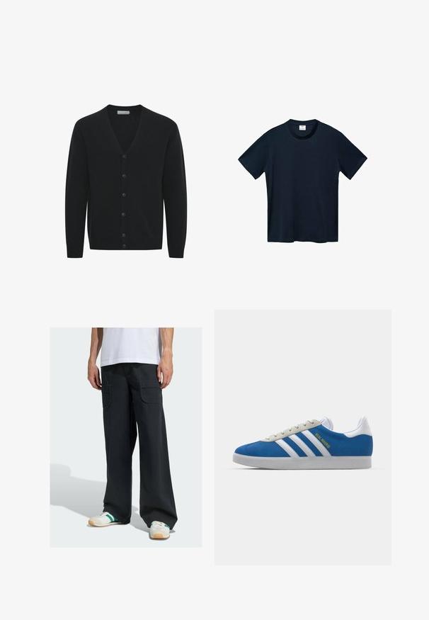 Crni kardigan od mekog pletiva, s V-izrezom, dugim rukavima i šest dugmadi sprijeda. Rebrasti manžeti i rub.; Navy plava majica kratkih rukava napravljena od mekog pamuka, s okruglim izrezom i čistim, ravnim rubom bez vidljivih uzoraka.; Muškarac u širokim crnim cargo hlačama s preklopnim džepovima i bijelim tenisicama sa zelenim prugama, stoji naslonjen na ravnu pozadinu.; adidas Originals ADIDAS GAZELLE SHOES - Dvoranske nogometne kopačke - real madrid/bluebird/footwear white/crew yellow
