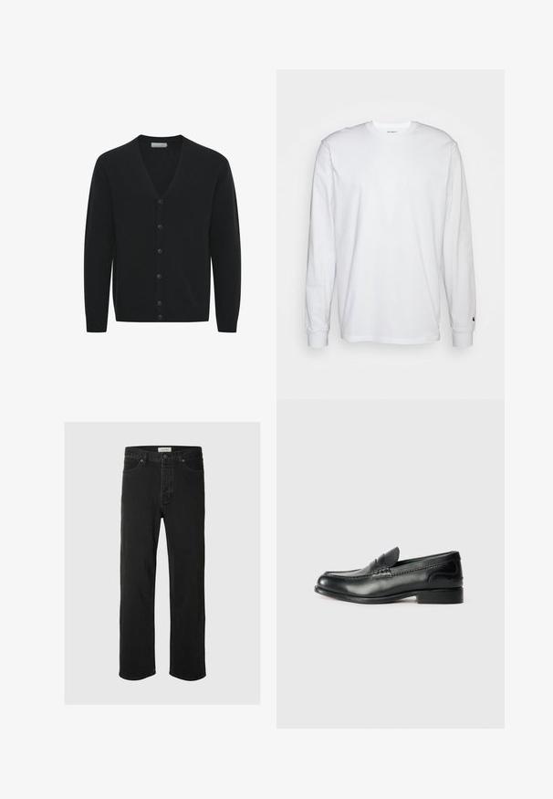 Melnā džempera jaka no mīksta dzijas auduma, ar V-veida kakla izgriezumu, garām piedurknēm un sešām priekšējām pogām. Ribota piedurkņu un apakšdaļas apdare.; Balta garām piedurknēm T-kreklā, kas izgatavots no kokvilnas. Arapa kakla dizains ar ribotām aprocēm un mazu logotipu uz kreisās piedurknes. Gluda tekstūra.; Melna denima taisna piegriezuma bikses ar klasisku piecu kabatu dizainu, poga aizdari, minimāls šuvju skaits un mīksta tekstūra.; Melnas ādas loafers ar gludu apdari, izšūtiem detaļām pa vampu un nedaudz paceltu papēdi.