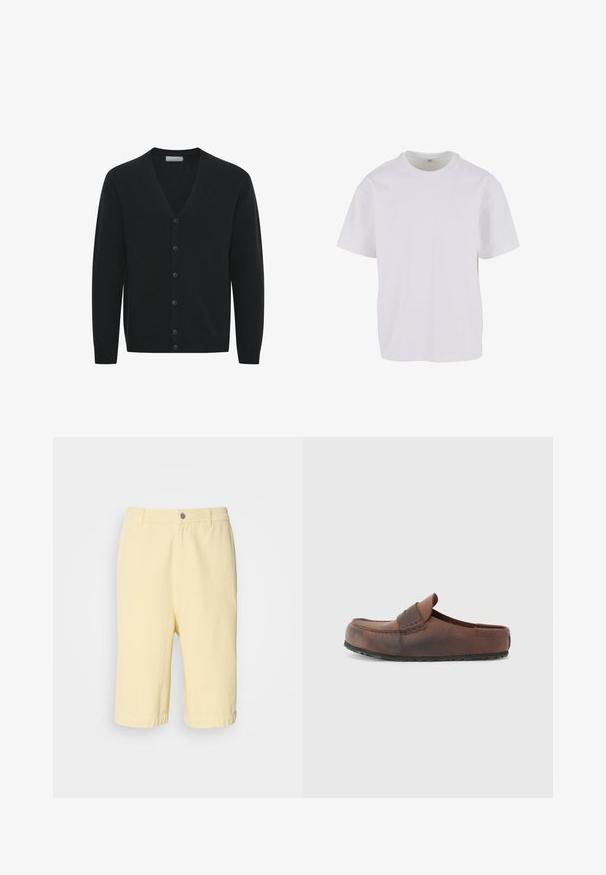 Mustapooloinen neuletakki pehmeästä neuloksesta, jossa on V-pääntie, pitkät hihat ja kuusi etupainiketta. Ribatut hihat ja helma.; Valkoinen lyhythihainen T-paita, joka on valmistettu pehmeästä puuvillasta. T-paidassa on pyöreä kaula-aukko ja rento istuvuus sekä suora helma. Ei näkyviä kuvioita tai yksityiskohtia.; Keltaiset puuvillashortsit suoralinjaisella leikkauksella, joissa on edessä napitus ja käännetty helma. Sileä pinta, rento muotoilu.; Ruskea nahkainen liukuva kengät, jossa on pyöristetty kärki, koristeellista tikkausta ja teksturoitu kumipohja. Yksinkertainen muotoilu ja minimaalinen hienostuneisuus.