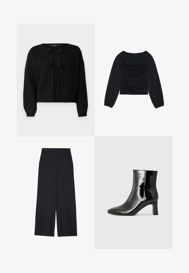 Vero Moda O NECK - Adīta jaka - black; Melna garā piedurkne tops ar savilktām auduma detaļām priekšā un pie plaukstām, izgatavots no mīksta, elastīga materiāla ar laivu kakla izgriezumu.; Platīsara bikses tumši zilā audumā, kurām ir gluda tekstūra, priekšējie kroki un dekoratīvi zeltaini acs pie sānu kabatām.; Melnas patentētas ādas potīšu zābaki ar norādītu pirkstu un vidēja augstuma kvadrātveida papēdi. Gluda tekstūra un minimālisma dizains.