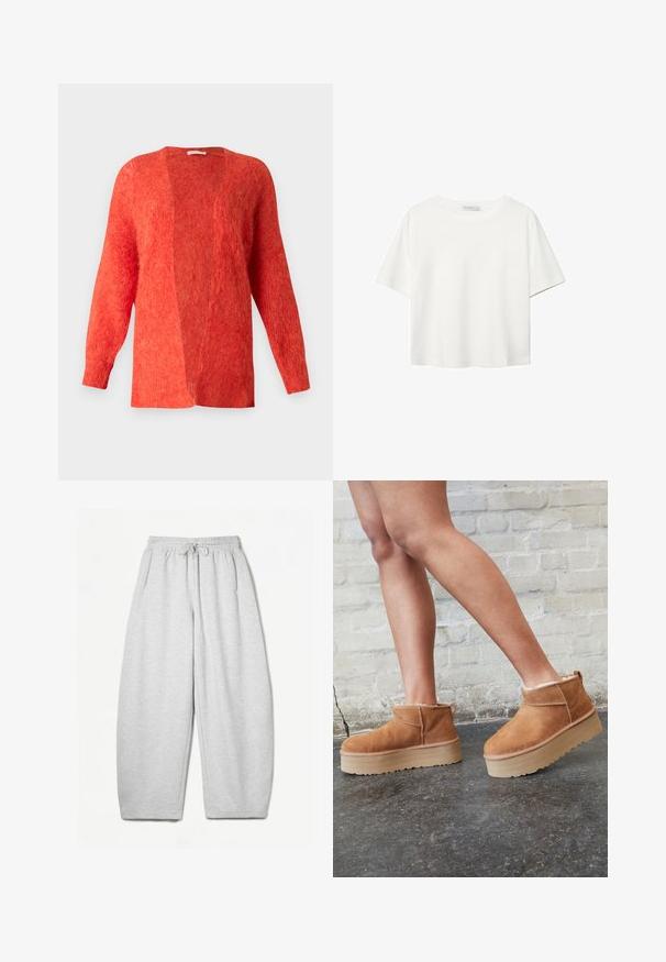Červený cardigan s otevřeným předním dílem vyrobený z měkkého, texturovaného pleteného materiálu. Má dlouhé rukávy a volný střih. Bez zapínání, minimalistický design.; Bílý krátký rukáv tričko vyrobené z bavlny. Má kulatý výstřih a volný střih. Hladký materiál bez viditelných vzorů nebo akcentů.; Šedé tepláky s uvolněným střihem, elastickým pasem, šňůrkou a bočními kapsami; vyrobeny z měkké, strukturované tkaniny.; Hnědé semišové kotníkové boty s měkkou podšívkou, silnou béžovou platformou a zadním poutkem. Texturovaný povrch s viditelnými švy.