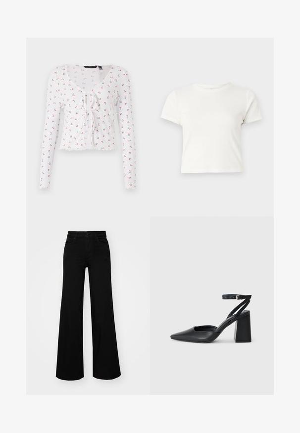 T-shirt de manga longa branca com decote em V, detalhe de laço na frente e um padrão de pequenas cerejas vermelhas com folhas verdes. Barra emondulada.; T-shirt branca curta feita de algodão, com mangas curtas, um decote redondo e uma bainha reta, apresentando uma textura suave e um design minimalista.; Calças largas pretas em denim, com uma cintura estruturada, passantes para cinto e bolsos frontais. Textura suave com um design clássico.; Sandal com biqueira afilada em couro preto, com cinta no tornozelo e salto grosso. Textura lisa, design elegante e estética minimalista.