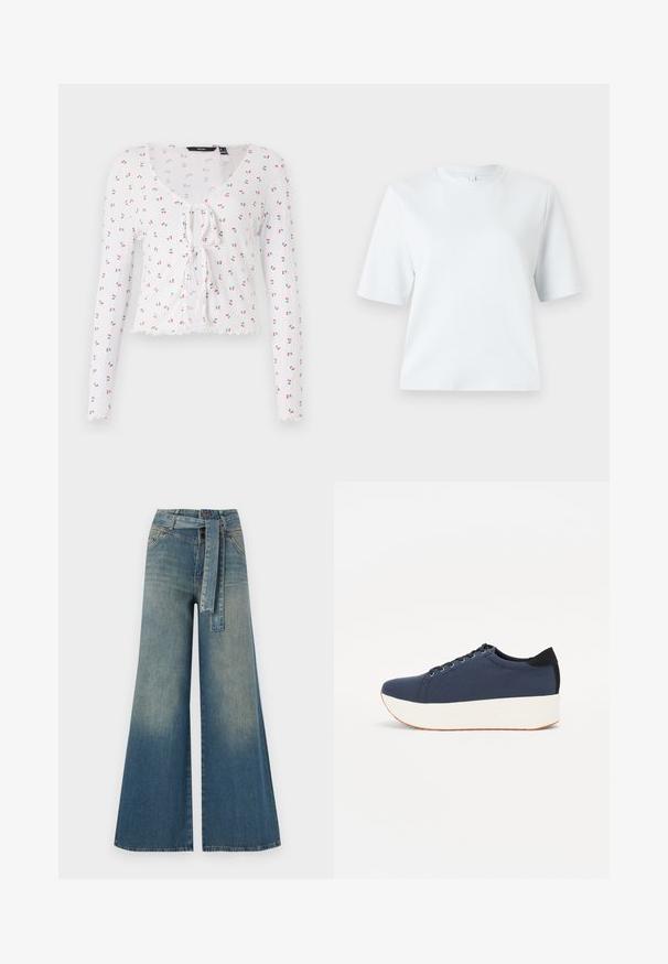 Baltas ilgomis rankovėmis viršus su V formos iškirpte, priekyje rišamos detalės ir smulkių raudonų vyšnių su žaliomis lapeliais raštu. Banguota apačia.; Šviesiai mėlyna trumpomis rankovėmis marškinėliai, pagaminti iš minkštos medvilnės. Turi klasikį apvalų iškirpimą ir laisvą siluetą, be raštų ar akcentų.; Platus džinsinis kelnes su šviesiai tamsiai mėlynu gradientu, aukštu juosmeniu, diržo kilpomis ir atitinkančiu audinio diržu. Textūruotas džinsinis paviršius.; Tamsiai mėlynas sportinis batelis su tekstūruotu audiniu viršuje, baltu platformos padu, apvaliu pirštu ir juodu kulno akcentu.š. Yra šešios skylės raišteliams.