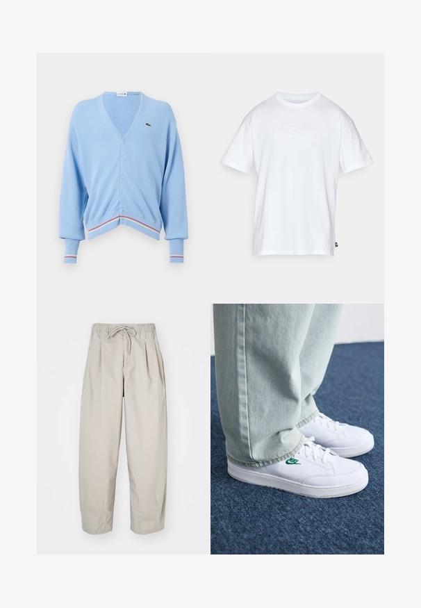 Light blue cardigan with a V-neck, button closure, and ribbed cuffs. Notable red and white stripe accents at the hem and cuffs. Lacoste logo present.; White cotton t-shirt with short sleeves and a round neck. Features a small, subtle Nike logo on the chest and a side label.; Beige, lightweight trousers with an elastic waistband and drawstring. Features pleats and a loose fit, crafted from soft, smooth fabric.; White leather sneakers with green Nike logo, round toe, flat sole, paired with light blue denim pants, shown on a blue carpet.