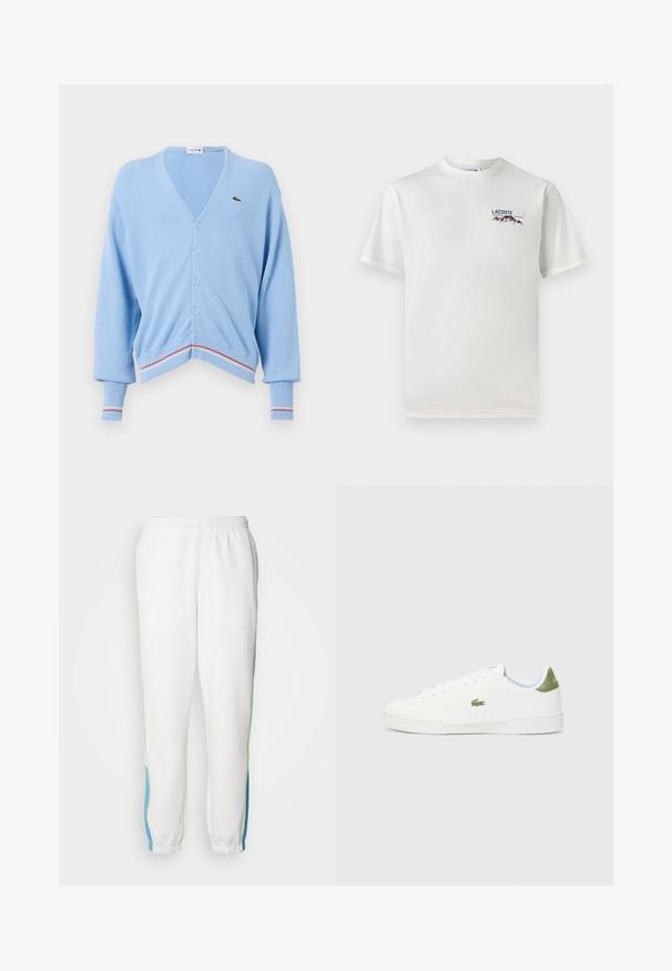 Lys blå cardigan med V-formet halsudskæring, knaplukning og ribbede manchetter. Bemærkelsesværdige røde og hvide stribede detaljer ved kanten og manchetterne. Lacoste-logoet er til stede.; Hvid bomulds-T-shirt med rund halsudskæring, korte ærmer og et lille broderet logo med bjerge og tekst på venstre bryst.; Hvide sweatpants med elastisk talje, med grønne og blå side striber. Blødt stof med tapered ankeldesign.; Hvide sneakers med en glat overflade, der har en grøn detalje ved hælen og et lille broderet krokodillelogo på siden.