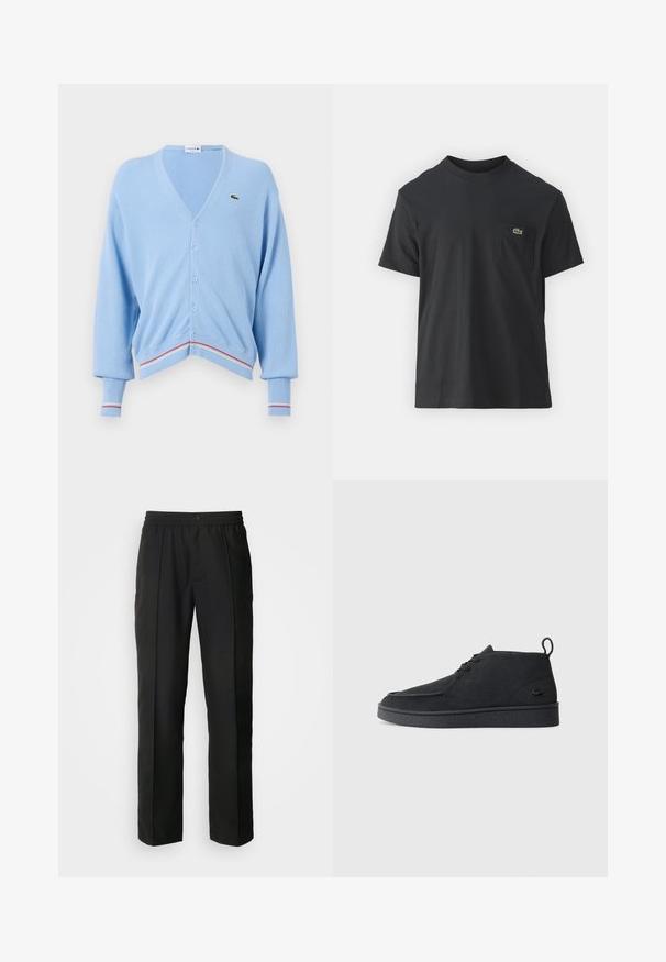 Cardigan bleu clair avec un col en V, fermeture à boutons et poignets côtelés. Accents notables de rayures rouges et blanches au bas et aux poignets. Logo Lacoste présent.; T-shirt en coton noir à manches courtes, col rond, avec un petit logo vert sur la poche gauche de la poitrine. Design simple, coupe regular.; Pantalon noir au design droit, fabriqué en tissu lisse. Comprend une taille élastique et une fermeture à bouton.; Bottines en suède noir à lacets avec tirant et semelle texturée, présentant un petit logo de crocodile embossé sur le côté.