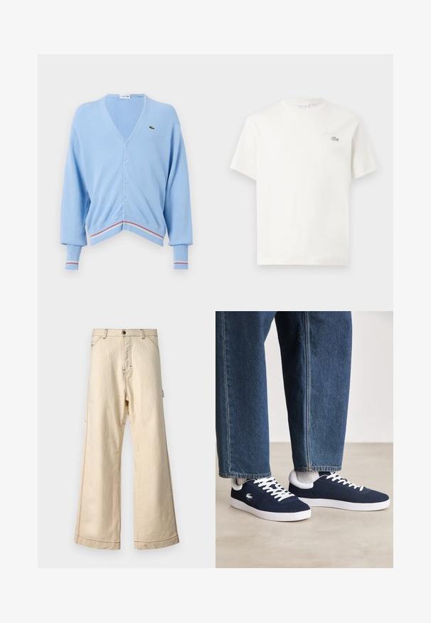 Lys blå cardigan med V-formet halsudskæring, knaplukning og ribbede manchetter. Bemærkelsesværdige røde og hvide stribede detaljer ved kanten og manchetterne. Lacoste-logoet er til stede.; Hvid bomulds T-shirt med korte ærmer, prydet med et diskret broderet logo og minimalistisk design. Blød tekstur, rund halsudskæring.; Beige vide bukser lavet af bomuld med lynlås- og knaplukning, fremhævet af kontrasterende syning og sidelommer.; Blå canvas sneakers med hvide snørebånd og gummisåler, præsenteret sammen med denimbukser og grå ribbestrikkede sokker, på en lys grå overflade.