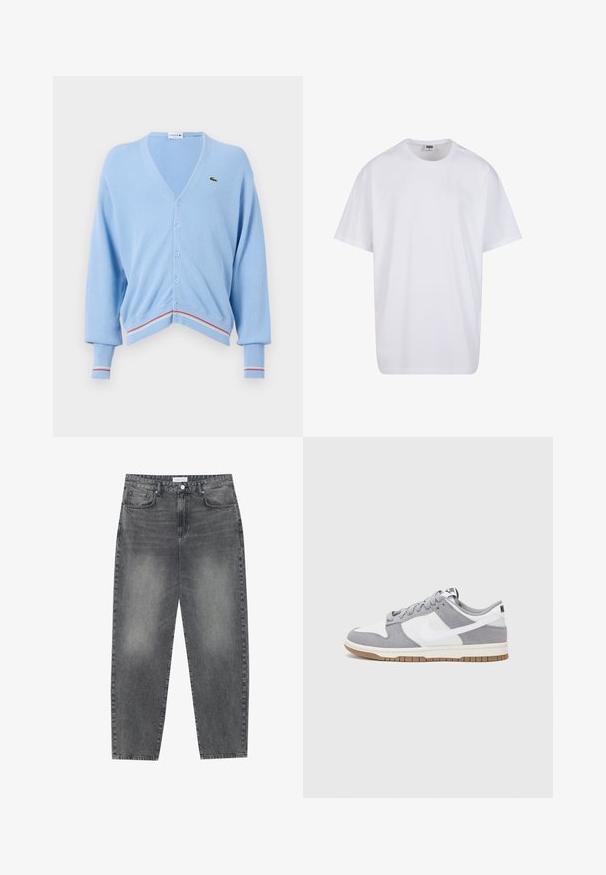 Lichtblauwe cardigan met een V-hals, knoopsluiting en ribgebreide mouwen. Opvallende rode en witte streepaccenten aan de zoom en mouwen. Lacoste-logo aanwezig.; Witte katoenen t-shirt met korte mouwen, ronde hals, relaxte pasvorm en zonder zichtbare logo's of patronen. Gladde textuur en minimalistisch ontwerp.; Hoge taille, losvallende jeans van vervaagd zwart denim. Beschikt over vijf zakken, riemlussen en een schone, rechte broekspijp ontwerp.; Nike sneakers hebben een bovenzijde van grijs suède en wit leer met perforaties, ronde veters en een gum zool voor grip.
