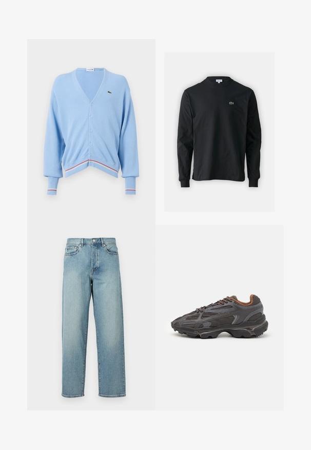 Lichtblauwe cardigan met een V-hals, knoopsluiting en ribgebreide mouwen. Opvallende rode en witte streepaccenten aan de zoom en mouwen. Lacoste-logo aanwezig.; Zwarte longsleeve t-shirt van katoen, met een ronde halslijn en een klein groen geborduurd krokodillenlogo op de linkerborst.; Lichtblauwe denim jeans met een losse pasvorm, rechte pijpen, een vijfzakkenontwerp en een knoopsluiting bij de taille. Minimalistische stikdetails.; Lacoste sneakers in donkergrijs van mesh en synthetisch materiaal, met een gestructureerde zool en bruine accenten op de kraag en branding.
