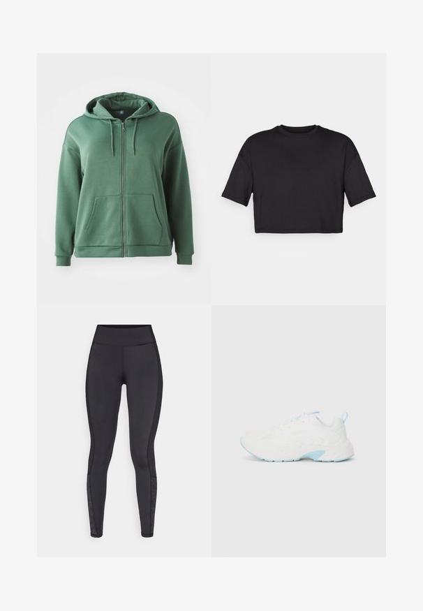 Zelená zipová mikina vyrobená z měkkého materiálu. Má kapuci, dvě přední kapsy a dlouhé rukávy s ribbovanými manžetami. Hladká textura a jednoduchý design.; Černé zkrácené tričko vyrobené z měkké látky, s kulatým výstřihem a krátkými širokými rukávy, s jednoduchým bezšvovým designem.; Černé legíny vyrobené z elastického materiálu. Vysoký pas, hladká textura, se vzorovanými akcenty na dolní části nohou.; Bílé sportovní boty s texturovaným síťovaným svrškem a světle modrými akcenty. Mají kulatou špičku, ploché tkaničky a polstrovaný límec kolem kotníku.
