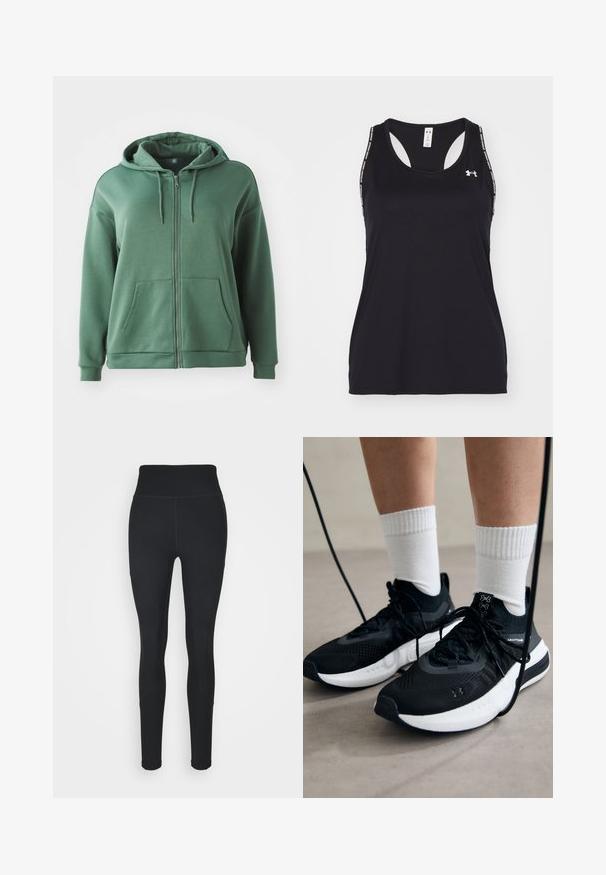 Felpa verde con zip realizzata in tessuto morbido. Caratterizzata da un cappuccio, due tasche frontali e maniche lunghe con polsini a costine. Texture liscia e design semplice.; Canottiera sportiva nera con scollatura a barchetta e design con fascia a racerback. Presenta logo e spalline decorate. Realizzata in materiale leggero e traspirante.; Leggings neri realizzati in tessuto elastico, con vita alta, pannelli a costine sui lati e un design aderente che si restringe alle caviglie.; Scarpe sportive nere con tessuto testurizzato, suola bianca e lacci neri. Indossate con calzini bianchi a costine, in piedi su una superficie chiara.