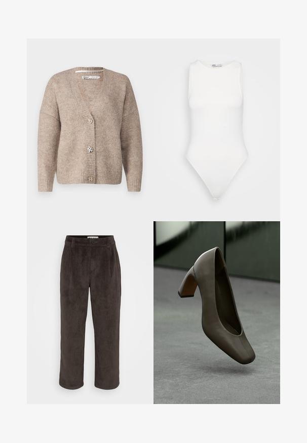 Cardigan bege com decote em V, mangas longas e três botões decorativos com padrão de leopardo. Textura de malha macia em todo o artigo.; Bodysuit branco sem mangas com um decote alto e corte fio dental. Textura suave e silhueta ajustada projetada para um visual justo ao corpo.; Calças de veludo cotelê castanhas com um design de perna reta, textura subtil e fecho frontal por botão, com bolsos laterais.; Sapato de salto alto em pele verde-oliva escura, com ponta quadrada e salto bloco, flutuando acima de um piso de concreto cinza com um fundo verde desfocado.