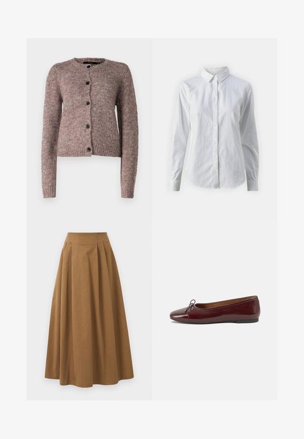 Vero Moda VMNOVAH LS O-NECK BUTTON NOOS  - Cardigan - brown; White button-up shirt made of smooth cotton, featuring a classic collar, long sleeves, and a curved hem. Buttons are small and white.; Brown cotton A-line skirt with a high waist, featuring pleats down the front and a smooth texture. Hem finishes are clean and simple.; Burgundy patent leather ballet flat with a rounded toe, small bow accent at the front, and a low, black rubber sole. Smooth texture.
