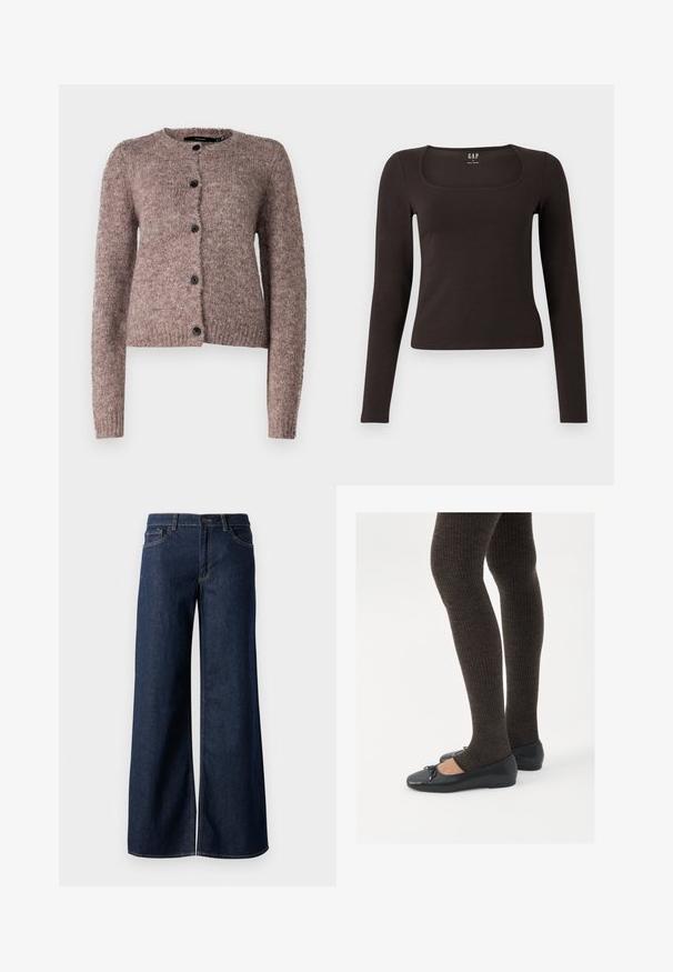 Vero Moda VMNOVAH LS O-NECK BUTTON NOOS - Neuletakki - brown; Musta pitkähihainen, slim fit -paita, jossa on neliömäinen kaula-aukko, merkitty GAP, esillä valkoisella taustalla.; Suorat lahkeet farkut tummansinisestä denimmistä. Ominaisuuksiin kuuluvat kontrastiväriset ompeleet, viisi taskua ja nappisuljenta vyötäröllä. Sileä pinta.; Mustat matalat kengät, joissa on pieni nauha varpaissa, yhdistettynä tummanruskeisiin ribattuisiin sukkahousuihin. Kengissä on sileä pinta ja matala profiili.