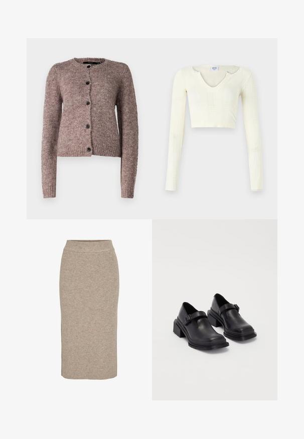 Vero Moda VMNOVAH LS O-NECK BUTTON NOOS  - Strickjacke - brown; Crop-Top aus cremefarbenem Strickmaterial. Lange Ärmel mit gerippter Textur und kleinen Aussparungen am Kragen.; Strick-Bleistiftrock in hellbeige, mit gerippter Textur, hohem Bund und schmaler Passform. Der Saum reicht bis unter das Knie.; Schwarze Lederhalbschuhe mit runder Zehenpartie, flacher Sohle und einem Riemen mit Schnallen-Detail. Robuster Blockabsatz für zusätzliche Stabilität.