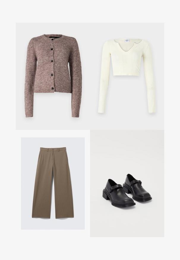 Vero Moda VMNOVAH LS O-NECK BUTTON NOOS - Kardigán - brown; Off-white kötött anyagú crop top. Hosszú ujjak, bordás textúrával és kis kivágásokkal a nyakkivágás körül.; Barna csíkos, bő lábú nadrág sima textúrával és klasszikus dizájnnal, derékrésszel és elülső pliszékkal a szabott illeszkedés érdekében.; Fekete bőr cipők lekerekített orral, lapos talppal és csattal díszített pánttal. Masszív blokk talp a megnövelt stabilitásért.