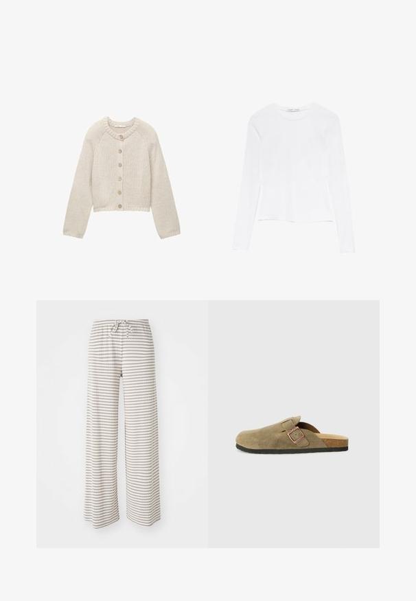 Cardigan tricotat bej cu mâneci lungi și cinci nasturi din lemn pe față, având un guler rotund și manșete și tiv ribbrate.; Top alb cu mâneci lungi și guler rotund. Are un design ajustat, textură de material neted și un tiv ușor scurt.; Pantaloni largi din material ușor, cu dungi orizontale în nuanțe de bej și alb. Talie elastică cu șnur de închidere.; Papuci de tip saboți din piele întoarsă, de culoare verde măsliniu, cu o curea îngustă și detaliu cu cataramă metalică. Are o talpă interioară din plută și talpă exterioară din cauciuc negru.