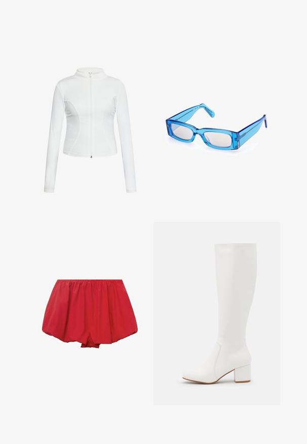 Giacca bianca con zip, maniche lunghe, texture liscia, design aderente e dettagli delle cuciture curve lungo i lati.; Gonna in denim blu scuro con design svasato, caratterizzata da cuciture verticali e una texture liscia. Nessun hardware o accento visibile.; Shorts leggeri rossi con vita elastica. Presentano un design ampio e svasato con tessuto arricciato per una vestibilità comoda.; Stivali bianchi alti fino al ginocchio con una finitura liscia e lucida. Tacco a blocco quadrato e dettaglio di cucitura sottile lungo il lato.; Occhiali da sole rettangolari trasparenti blu con una montatura spessa, bracci leggermente curvi e lenti di colore chiaro. Presenta dettagli del marchio sottili.