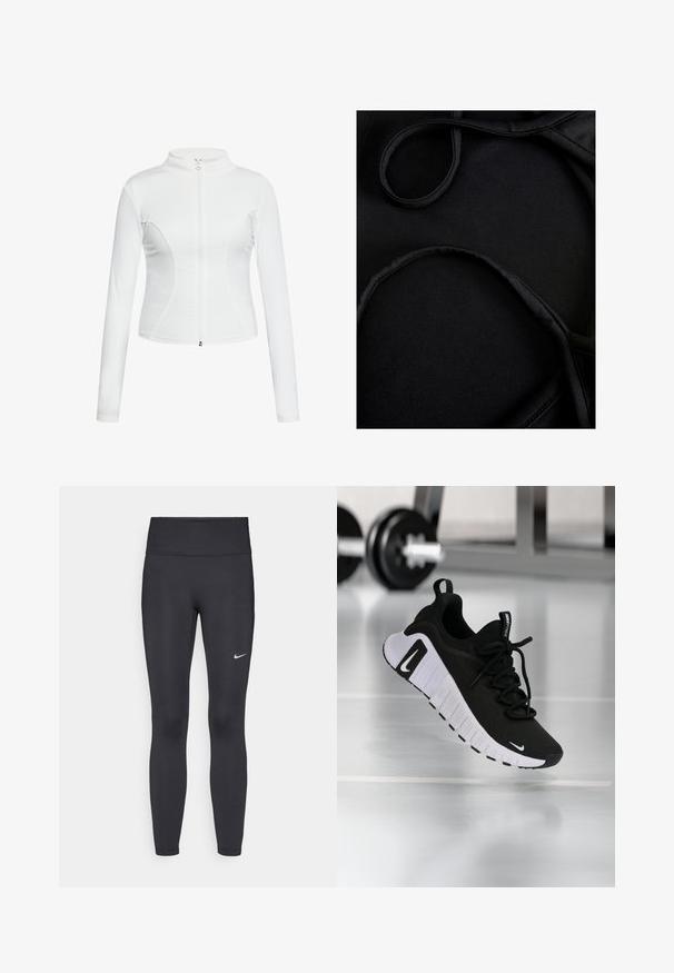 Jachetă albă cu fermoar, cu mâneci lungi, textură netedă, design ajustat și detalii cu cusături curbate pe laterale.; Țesătura de înot neagră are o textură netedă, bretele curbate și cusături plate, concepută pentru confort și flexibilitate în timpul utilizării.; Leggings negre dintr-un material elastic, având talie înaltă și un logo alb Nike pe coapsa stângă. Textură netedă, design care se conturează pe corp.; Pantof sport negru cu o parte superioară din material texturat, talpă albă și sistem de șireturi proeminent. Prezintă un logo Nike și un design moale, amortizat.