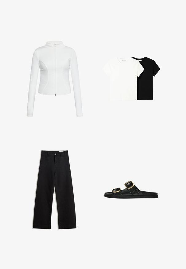 Giacca bianca con zip, maniche lunghe, texture liscia, design aderente e dettagli delle cuciture curve lungo i lati.; Due magliette a maniche corte, una bianca e una nera, realizzate in cotone. Entrambe presentano un colletto rotondo e un design semplice e classico.; Pantaloni in denim neri a gamba larga con vita alta, dotati di tasche anteriori e posteriori, cuciture a punto, e chiusura con bottone. Texture liscia.; Infradito neri con due accenti di fibbia dorata, materiale dalla texture liscia, suola piatta e design minimalista.