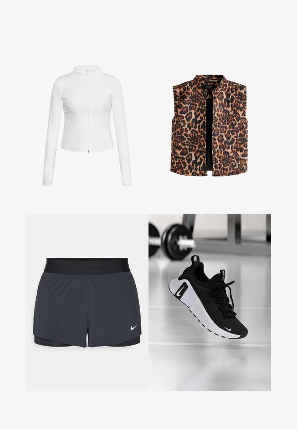 Balta zip-up striukė su ilgomis rankovėmis, lygia tekstūra, prigludusia forma ir kreivų siūlių detalėmis šonuose.; Leopardų rašto be rankovių liemenė su mandarinio tipo apykakle, kuri turi rudos ir juodos spalvų atspalvių ant šviesaus fono ir tiesią apdailą.; Juodas maudymosi kostiumėlio audinys, pasižymintis lygiu paviršiumi, išlenktais petnešomis ir plokščiomis siūlėmis, sukurtas patogumui ir lankstumui naudojimo metu.; Juodos sportinės šortai su elastine talija, turintys sluoksniuotą dizainą ir mažą baltą Nike logotipą kairiajame apačioje. Lengvas audinys.; Juoda sportinė avalynė su tekstūruotu audinio viršumi, balta padu ir ryškiu raištelių sistemu. Puošta Nike logotipu ir minkštu, paminkštintu dizainu.