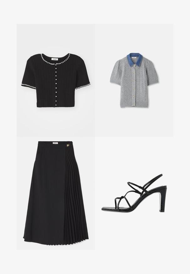 Svart, kortermet strikkegenser med rund halsing, dekorert med hvite blomsteraksenter og perlelignende knapper.; Grå strikket kortermet cardigan med kabelmønster, med en denimkrage og fem gullknapper foran.; Svart midiskjørt med plisserte detaljer på den ene siden, laget av lett stoff med skjult glidelås og sidelommer.; Svarte hæler med tynne stropper, teksturert finish, åpen tå og et glatt, spisst hældesign. Har en myk innersåle og en blank overflate.