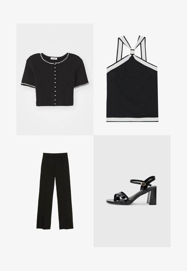 Pulover scurt din tricot negru, cu decolteu rotund și mâneci scurte, decorat cu accente florale albe și nasturi asemănători cu perlele.; Top halter negru cu accente albe, având un design cu spate legat, o finisare texturată și o siluetă ajustată. Simplu și modern.; Pantaloni largi negri, confecționați dintr-un material fin, cu un talie ajustată și pliuri frontale subtile pentru un plus de textură.; Sandale cu toc înalt din piele patenta neagră, cu toc bloc, având bretele frontale încrucișate și o curea reglabilă la glezna cu un cataramă aurie.