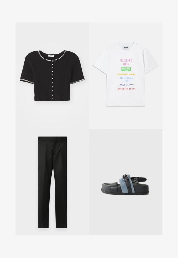 Fekete, rövid fazonú kötött pulóver, kerek nyakkal és rövid ujjakkal, fehér virágos díszítéssel és gyöngyszerű gombokkal.; Fehér pamut póló, amelyen több színű (rózsaszín, zöld, sárga, kék és piros) felirat található, vertikálisan elrendezve az elején.; Fekete nadrág sima anyaggal, testhezálló fazonnal, egyenes lábakkal és lapos derékkal, látható zárak vagy zsebek nélkül.; Fekete és kék szandál vastag talppal, bőr és farmer anyagból, állítható csattal és nyitott orrú dizájnnal.