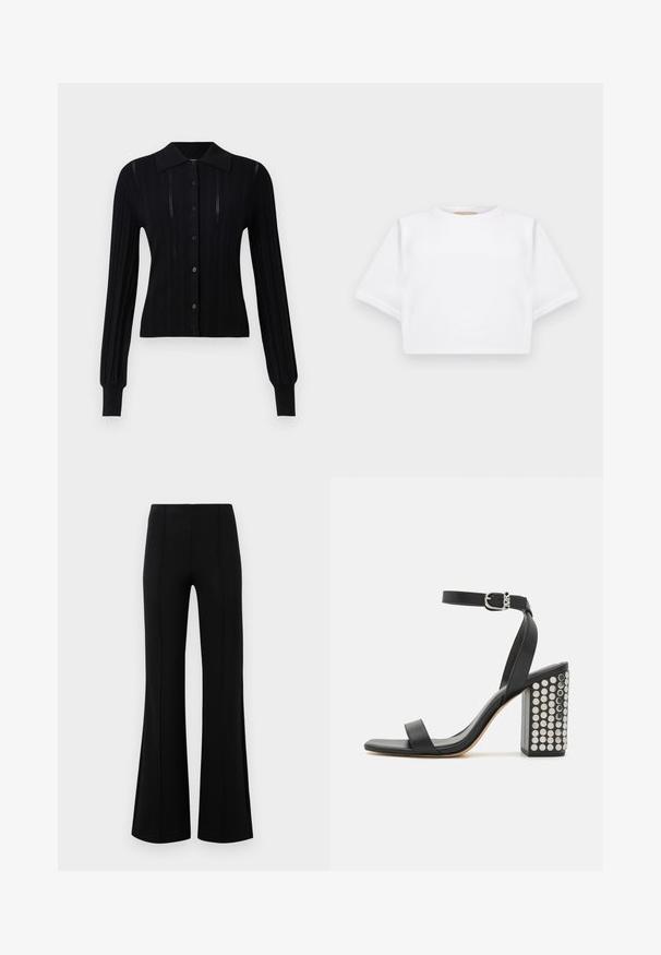 Filippa K CARDIGAN - Cardigan - black; Kuttet hvit t-skjorte laget av mykt stoff, med korte ermer, rund hals og ribbestrikket detaljer nederst. Enkel og upradert design.; Svart utsvungne bukser med høy midje, laget av elastisk stoff. Har vertikale sømmer foran og en glatt tekstur.; Svarte lær sandaler med hæl og ankelrem. Har firkantet tå, glatt tekstur og firkantet blokkhæl prydet med sølvnitter.