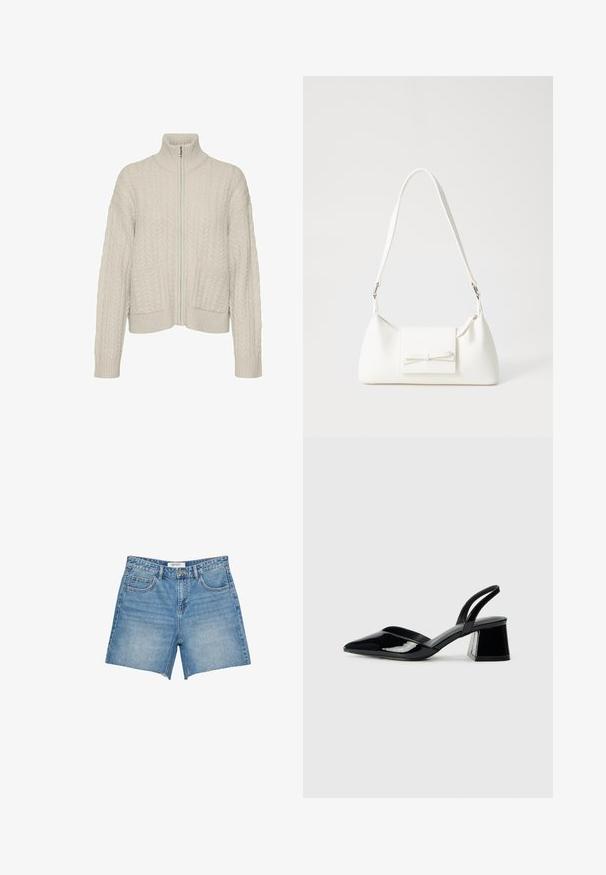 Svetlobežový pletený cardigan s vysokým golierom, plným zipsom, dvoma prednými vreckami a rebrovaným lemom a manžetami. Mäkká textúra, uvoľnený strih.; Biela krátka T-shirt s voľným strihom a zlaceným textúrou v oblasti pása. Vyrobená z mäkkého, ľahkého materiálu.; Svetlomodré riflové šortky s rovnými nohavicami, roztrhnutým lemom, piatimi vreckami a značkovou visačkou na páske. Rovnomerné pranie a pevná tkanina.; Čierne lakované kožené sandálové podpätky s špicatou špičkou a geometrickým blokovým podpätkom. Disponujú elegantným, minimalistickým dizajnom a hladkým povrchom.; Biela syntetická kabelka s trojuholníkovým tvarom, plochým predným klapkou a detailom mašle, nastaviteľným popruhom, hladkou textúrou a minimalistickým dizajnom.