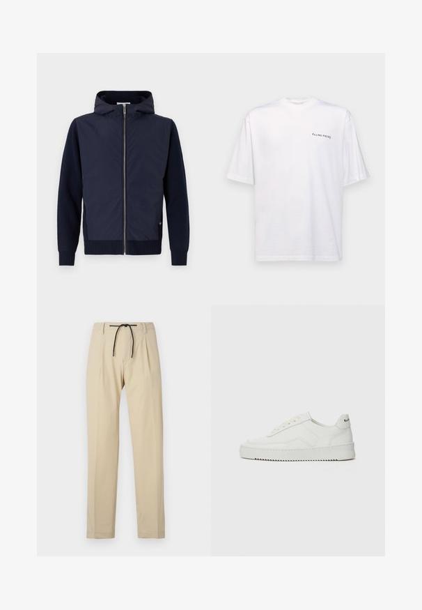 Die marineblaue Kapuzenjacke vereint ein glattes, leichtes Außenmaterial mit gerippten Strickärmeln und -saum. Zentrale Reißverschluss mit subtilen Logodetails.; Weißes kurzärmliges T-Shirt aus Baumwolle mit V-Ausschnitt, mit einem schwarzen "FILLING PIECES" Logo, das auf der linken Seite gedruckt ist.; Beige Hose mit geradem Schnitt, ausgestattet mit einem Kordelzugbund, gefältelter Vorderseite und glatter Textur. Einfaches, vielseitiges Design.; Weiße Ledersneaker mit glatter Oberfläche, runder Zehenpartie, flachen Schnürsenkeln und strukturiertem Sohlenprofil. Mit einem dezenten Logo an der Ferse.