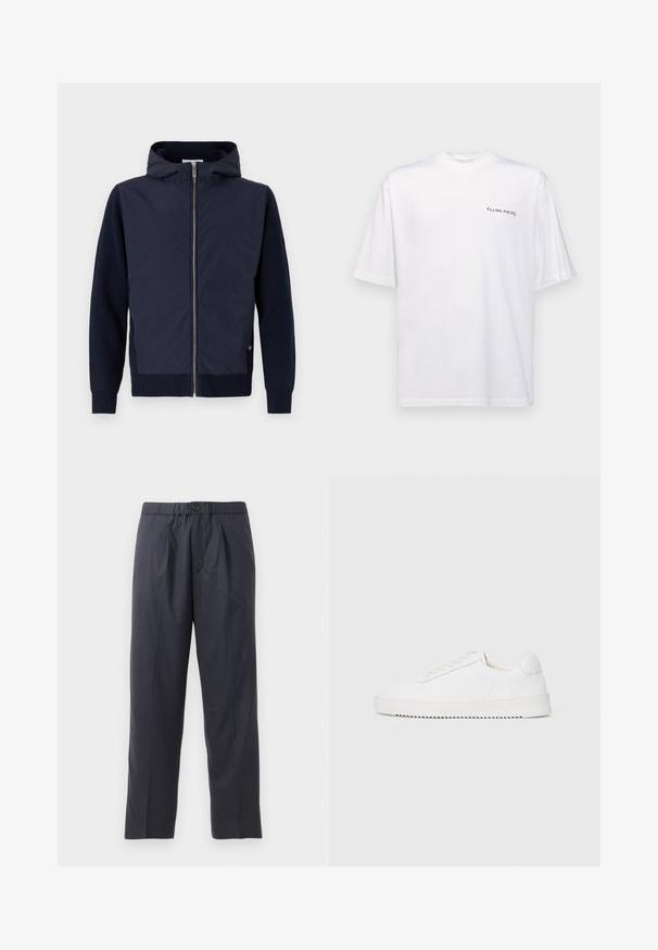 Mornarica kapuljača jakna kombinira glatku, laganu vanjštinu s rebrastim pletenim rukavima i rubom. Središnje zatvaranje na cipzaru s suptilnim logotipom.; Bijela kratka majica s kratkim rukavima od pamuka s V-izrezom, koja na lijevoj strani ima otisnuti crni logotip "FILLING PIECES".; Tamno plave hlače od mekanog materijala s plićim prednjim dijelom i elastičnim pojasom. Imaju zatvaranje na gumb i ravno krojenje.; Bijela tenisica s glatkim kožnim gornjim dijelom, okruglim vrhom, vezicama, teksturiranim bočnim detaljima i debelim gumeni potplat. Minimalistički dizajn.