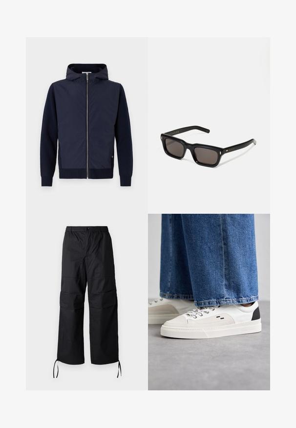 La chaqueta con capucha en color navy combina una capa exterior suave y ligera con mangas y dobladillos de punto acanalado. Cierre frontal con cremallera y un sutil detalle de logo.; Camiseta blanca de manga corta en tejido de algodón con cuello redondo. Diseño simple sin patrones ni acentos. Textura suave.; Pantalones cargo negros hechos de una tela ligera, con piernas anchas, cinturilla elástica y cordones ajustables en los puños. Dos bolsillos laterales.; Zapatillas blancas y negras con una parte superior de cuero suave, acentos texturizados y una suela blanca gruesa. Presenta un diseño clásico de cordones.; Gafas de sol rectangulares negras con lentes oscuros, marco de plástico grueso, acentos dorados en las patillas y logotipo de la marca grabado en el brazo.
