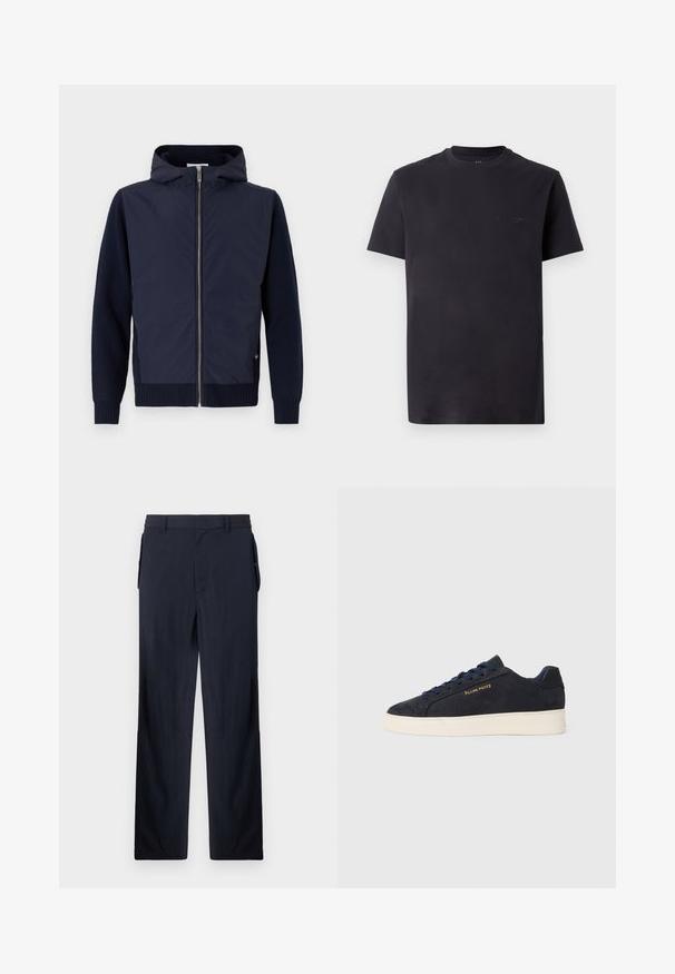 La giacca a cappuccio navy combina un guscio liscio e leggero con maniche e fondo a maglia a costine. Chiusura centrale con zip e un sottile dettaglio del logo.; T-shirt in cotone nero con collo giro e maniche corte, dettagli in rilievo con logo sulla fronte. Tessuto morbido, vestibilità rilassata.; Pantaloni blu navy realizzati in tessuto leggero, con vestibilità ampia, parte anteriore liscia e tasche laterali per utilità. Texture morbida, senza motivi visibili.; Sneaker bassa in suede blu navy con suola bianca, lacci blu navy e logo "Filling Pieces" in oro sul lato.