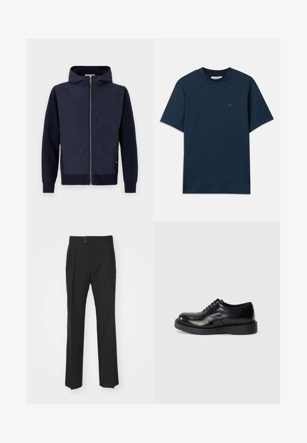 Námornícka kapucňová bunda kombinuje hladký, ľahký povrch s rebrovanými plecami a lemom. Stredné zapínanie na zips s jemným logom.; Námornícka modrá bavlnená tričko s okrúhlym výstrihom, krátkymi rukávmi a jemným logom potlačeným na hrudi. Hladká textúra a klasický strih.; Čierne elegantné nohavice s rovnými nohavicami, dvoma prednými vreckami a dvojitým zapínaním na páse. Hladká textúra materiálu.; Čierne kožené šnurovacie topánky s okrúhlou špičkou, hladkým povrchom a hrubou gumovou podrážkou s jemnými drážkami pre lepšiu trakciu.