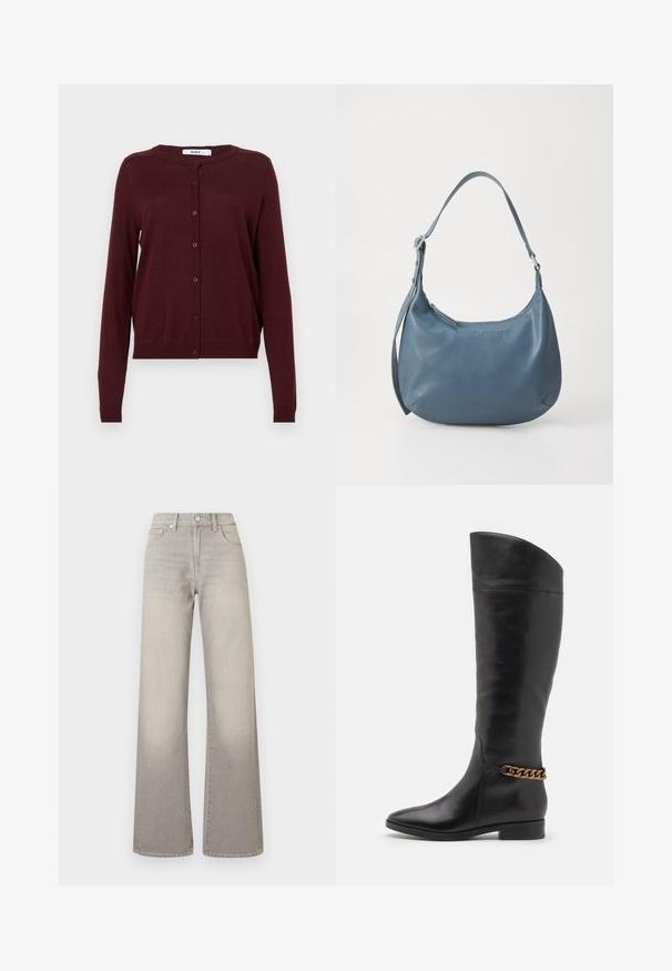 Bordeaux cardigan van licht gebreide stof, met lange mouwen, een ronde halslijn en een knoopsluiting met zes knopen aan de voorkant.; Zwarte mouwloze top met een ronde hals en een sleutelgat achter. Heeft verticale plooien voor textuur. Glad materiaal met een lichte glans.; Grijze wijde jeans met een vervaagde afwerking, knoopsluiting, vijfzakkenontwerp en gestikte details langs de naden.; Hoge zwarte leren laarzen met een slank ontwerp, spitse neus en een gouden kettingaccent bij de enkel. Lage blokhak. Glad textuur.; Blauwe leren handtas met een ronde vorm, enkele schouderriem, ritssluiting en geïmpregneerde merknaam aan de voorkant. Gladde textuur.