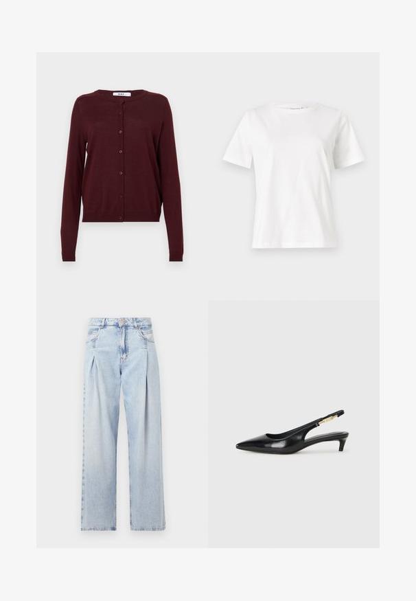 Burgunderfarget cardigan laget av lett strikket materiale, med lange ermer, rund halslinning og knappelukking foran med seks knapper.; Hvit bomull t-skjorte med korte ermer, rund hals og avslappet passform. Glatt tekstur, ingen mønstre eller detaljer, minimalistisk design.; Lyseblå denimjeans med høy livlinje, vide ben, to sidelommer og plisserte detaljer. Myk tekstur med en falmet finish.; Sorte lærreim hæler med spiss tå, som har en slank hæl og en gullfarget detalj på den justerbare stroppen. Glatt tekstur.