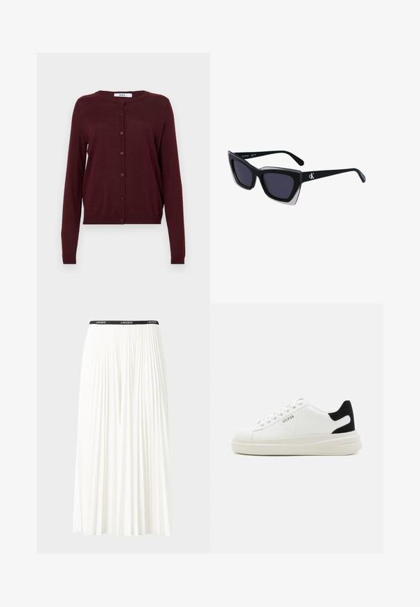 Cárdigan burdeos hecho de una tela de punto ligera, con mangas largas, un cuello redondo y un cierre de botones en la parte delantera con seis botones.; Camiseta de algodón con rayas horizontales azul marino sobre un fondo blanco. "Tommy Hilfiger" bordado en cursiva en el pecho. Escote de tipo crew.; Falda blanca plisada con una cinturilla elástica negra que presenta el logotipo "LACOSTE". Diseño de longitud media con textura suave.; Zapatillas blancas de cuero con una suela blanca gruesa, acento en el talón de ante negro y logo grabado en el lateral. Diseño de cordones con seis ojales.; Gafas de sol negras de gran tamaño con una forma geométrica, que presentan lentes oscuros y un detalle gris contrastante en la montura. Logo en la pata.