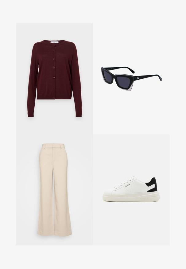 Cardigan bordeaux realizzato in tessuto a maglia leggero, con maniche lunghe, scollatura tonda e chiusura frontale con bottoni, composta da sei bottoni.; T-shirt in cotone con righe orizzontali blu navy su sfondo bianco. "Tommy Hilfiger" ricamato in corsivo sul petto. Collo a giro.; Pantaloni beige a gamba larga con una texture liscia, caratterizzati da una vita alta e due tasche frontali. Design pulito con una vestibilità sartoriale.; Sneaker bianchi in pelle con suola spessa bianca, accento in suede nero sul tallone e logo impresso sul lato. Design con lacci e sei fori per i lacci.; Occhiali da sole oversize neri dalla forma geometrica, con lenti scure e un dettaglio grigio a contrasto sulla montatura. Logo sul braccio.