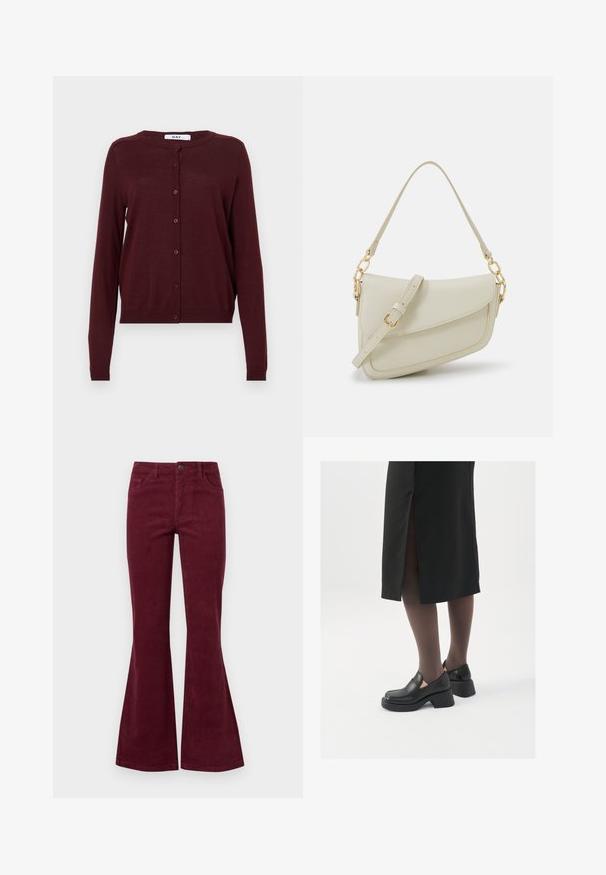 Cardigan bordeaux realizzato in tessuto a maglia leggero, con maniche lunghe, scollatura tonda e chiusura frontale con bottoni, composta da sei bottoni.; Top senza maniche bianco realizzato in tessuto a coste, caratterizzato da un collo arrotondato e una silhouette aderente, con cuciture minime e senza decorazioni.; Jeans in velluto a coste color bordeaux a gamba svasata con cinque tasche, chiusura anteriore con bottone e tessuto texturizzato. Le svasature si estendono dal ginocchio all'orlo.; Scarpe in pelle nera con punta arrotondata, tacco spesso a blocco e accenti laterali in elastico, abbinate a collant scuri e una gonna nera con uno spacco.; Piccola borsa a tracolla crema con finitura testurizzata, una lunga tracolla regolabile, un accento a catena e chiusura a patta. Dettagli in hardware dorato.