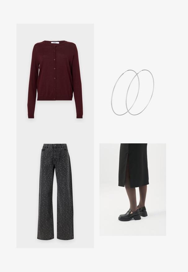 Burgundia kardigan, mis on valmistatud kergest kudumisest, pikal varrukal, ümmarguse kaelusega ja kuue nööbiga ees.; Valge ilma varrukateta T-särk, mis on valmistatud ribakangast, ümarate kaelustega ja kitseneva siluetiga, minimaalse õmbluste ning ilma kaunistusteta.; Noisy May NMJANNEL LOOSE - Avar lõikega teksad - black denim; Mustad mustad jalatsid ümmarguse varbaga, paksu plokkniidi ja elastsete külgdetailidega, kombineeritud tumedate sukkade ja musta lõhikuga seelikuga.; Hõbedased rõngastikkaehingad minimalistlikus disainis. Ümar kuju, sile tekstuur ja õhuke profiil. Kerged ning poleeritud viimistlusega.
