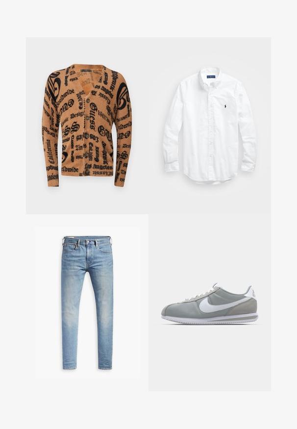 Rudas megztinis su minkšta tekstūra, mygtukų užsegimu ir viso paviršiaus juodu prekės ženklu bei tekstu įvairiais stiliais.; Balta ilga rankovė mygtukų marškiniai iš medvilnės. Pasižymi klasikinėmis apykaklėmis, mygtukų rankogaliais ir mažuoju tamsiai mėlynu siuviniu su logotipu ant krūtinės.; Šviesiai mėlyni aptempti džinsai su lengvu nudėvėjimu šlaunyse, priekyje užsegami mygtuku, su diržo kilpelėmis ir penkių kišenių stiliumi ant baltos fono.; Pilkas sportinis batelis su zomšiniais ir tekstiliniais viršutiniais paviršiais, baltas Nike swoosh ženklas ir baltos raišteliai. Yra tekstūruotas gumos padas ir paminkštinta apykaklė.