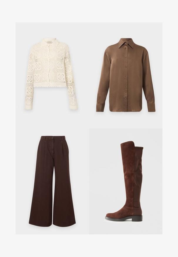 White crochet cardigan with a collar, featuring an intricate square pattern, long sleeves, and scalloped edges. Button closure at the front.; Brown long-sleeve button-up shirt with pointed collar and cuffs, displayed against a plain white background.; High-waist wide-leg brown pants with button and zipper closure, belt loops, and front pleats.; Tall brown suede and fabric boot with low black heel and rounded toe, shown in side view on plain white background.