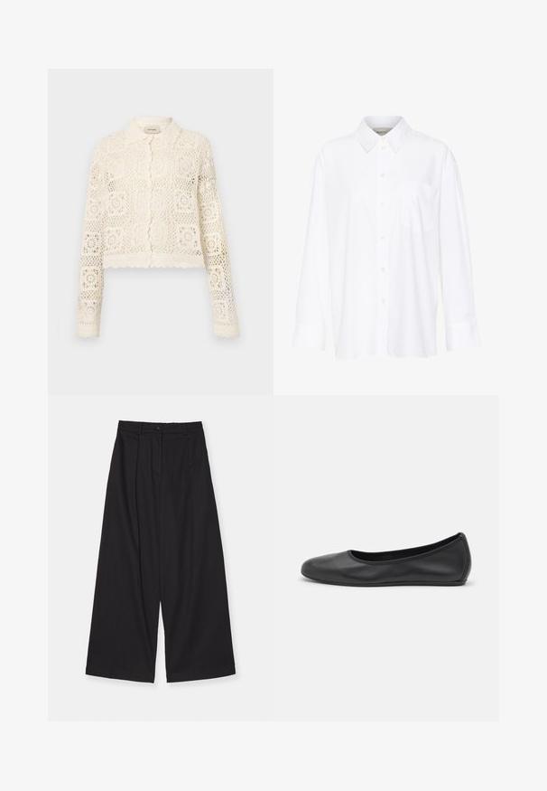 Witte gehaakte cardigan met een kraag, voorzien van een ingewikkeld vierkant patroon, lange mouwen en gegolfde randen. Knopenluiting aan de voorkant.; Witte lange mouwen overhemd met kraag van katoen. Voorzien van een knoopsluiting aan de voorkant en een enkele borstzak. Een gladde textuur en een ontspannen pasvorm.; Zwarte wijde broekspijp gemaakt van een gladde stof, met een hoge taille, voorplooien, een knoopsluiting en een rechte silhouet.; Zwarte leren ballerina met een ronde neus, gladde textuur, minimale stikdetails en een flexibele zoolontwerp.